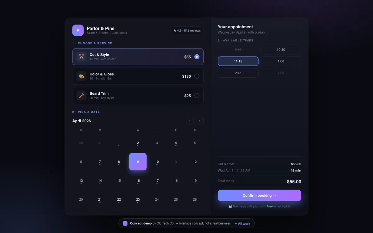 Bookly online scheduling web app, a concept by OC Tech Co.